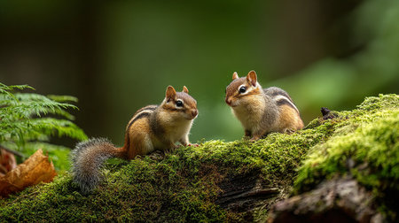 Two chipmunk standing on a mossy log in the forestの素材