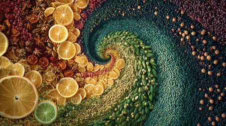 Colorful background with different kinds of spices and herbs. Top view.の素材