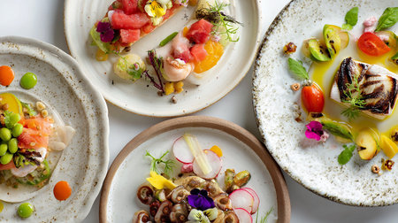 Seafood tartare served on white plates, top view.の素材