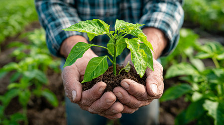 Hands of senior man holding green pepper seedling in the soilの素材