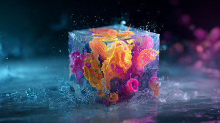 3d rendering of water cube with colorful paint splashes on dark backgroundの素材