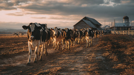 Herd of cows in the field at sunset. Rural landscape.の素材