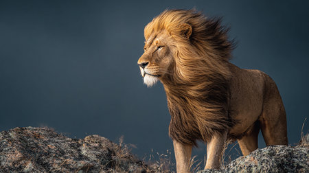 Male lion standing on a rock in front of a dark background.の素材
