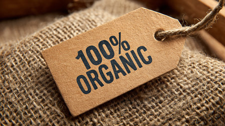 Label with the text 100% Organic on jute sack background.の素材