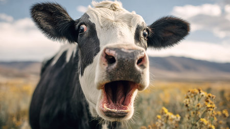 Funny black and white cow with open mouth in the field.の素材
