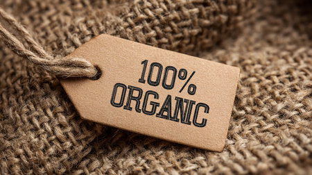 Label with the text 100% Organic on sackcloth background, closeupの素材