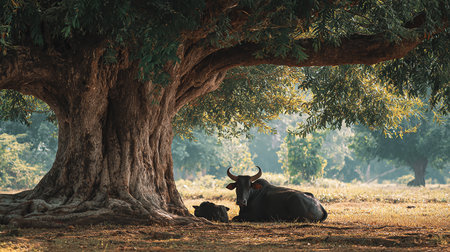 African buffalo resting under a tree in the shade of a tree.の素材