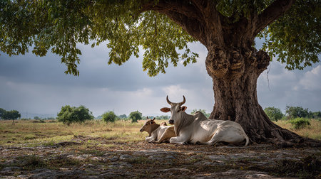 Cows resting under a big tree in the countryside of India.の素材