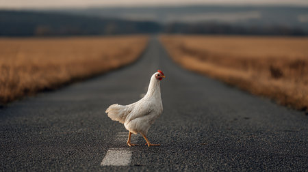 White chicken standing on the road in the field with a blurred backgroundの素材