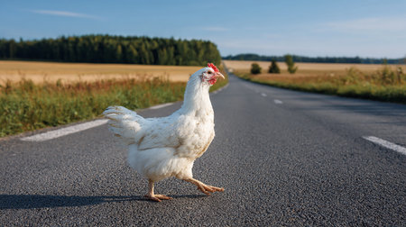White chicken standing on the asphalt road in the middle of the fieldの素材