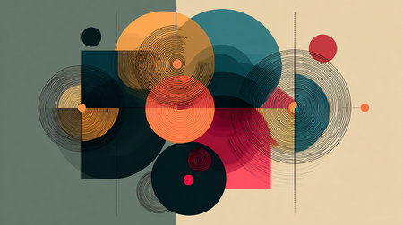 Abstract background with circles and lines in retro style. Vector illustration.の素材