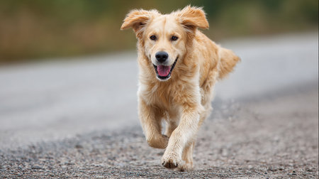 Portrait of a golden retriever dog running on the road.の素材