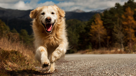 Golden Retriever running on the road in the autumn forest.の素材