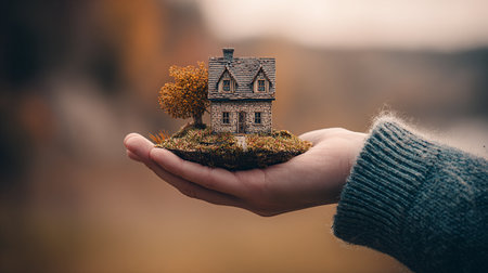 Hand holding a miniature house in front of a blurred autumn background.の素材