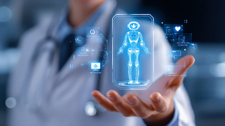 Doctor on blurred background using digital x-ray scan 3D renderingの素材