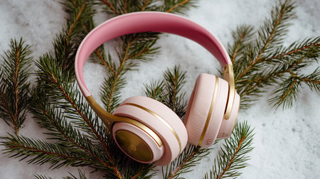Pink headphones on the background of fir branches. Christmas music concept.の素材