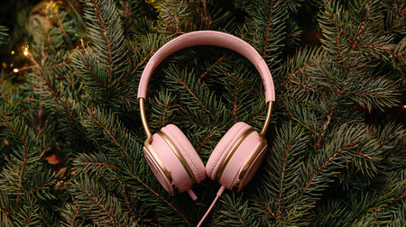 Pink headphones on the background of a Christmas tree. Close-up.の素材