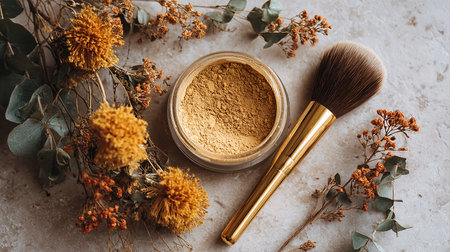 cosmetic powder with brush and dry flowersle background, top viewの素材