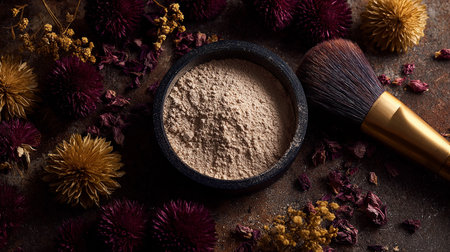 Cosmetic powder in a bowl with brush on a dark background.の素材