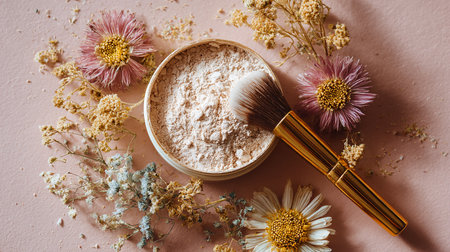 Cosmetic products and dried flowers on pink background. Flat lay, top viewの素材