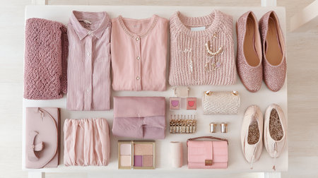 Fashionable clothes and accessories on wooden shelf in dressing room, top viewの素材