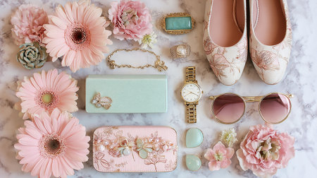 Flat lay of woman's accessories and shoesle background.の素材