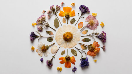 Dried flowers in circle shape on white background. Top view.の素材