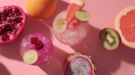 Variety of tropical fruit cocktails on pink background, top view.の素材