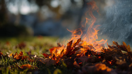 Burning leaves on the grass in the park, close-upの素材