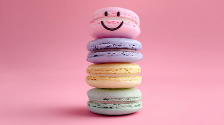 Colorful macaroons with smiley face on pink background.の素材