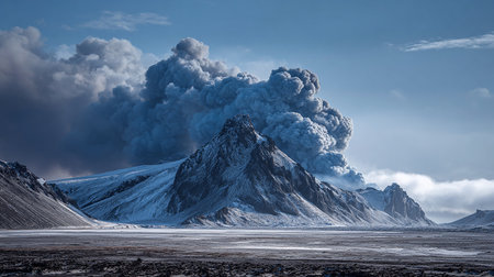Icelandic landscape with snow-capped mountains and blue skyの素材