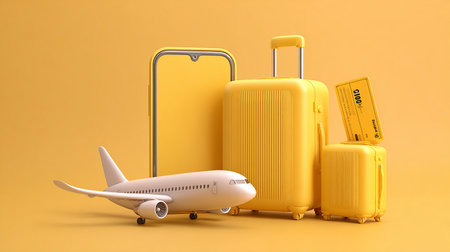 3D rendering of two yellow suitcases and airplane on yellow backgroundの素材