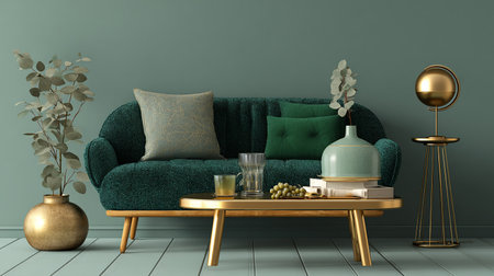 interior with green sofa, coffee table and vase - 3d renderingの素材