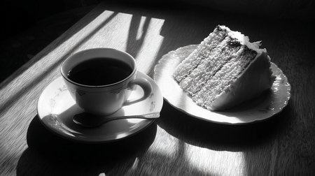 Coffee and cake on the table in black and white.の素材