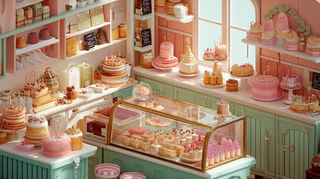 3D rendering of a pastry shop with cakes and other sweets.の素材