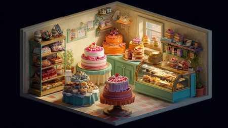 3D rendering of a cake shop with many different sweets and cakesの素材