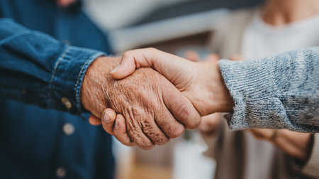 cropped shot of senior couple holding hands with caregiver at homeの素材