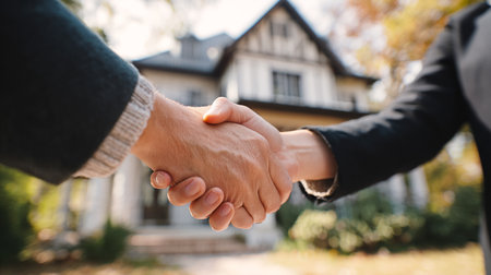 Close-up of a real estate agent shaking hands with a customerの素材
