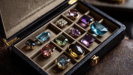 jewelry box with precious stones on a wooden table. macroの素材