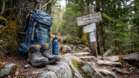 Hiking boots and water bottle on a trail in the forest.の素材