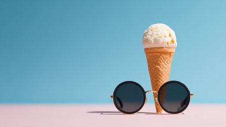 Ice cream cone with sunglasses on pastel blue background. Summer concept.の素材