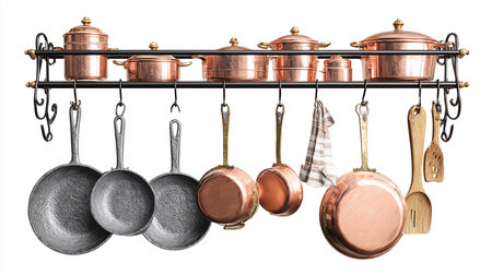 Vintage cooking pans isolated on white background. Clipping path included.の素材