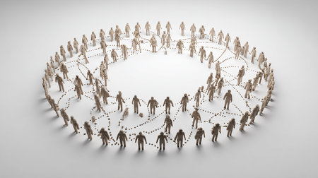 Large group of people in a circle with social network connection. 3D renderingの素材