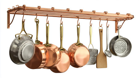 3d render of kitchen utensils hanging on hooks isolated on white backgroundの素材