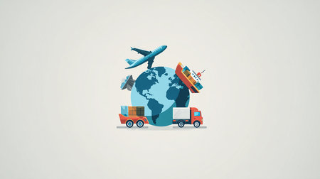 Travel around the world. Traveling around the world by plane and truck. Vector illustrationの素材