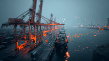 Double exposure of cargo ship, crane bridge and sea port. Cargo freight ship in sea port.の素材