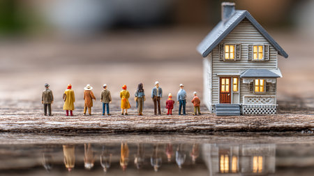 Miniature people standing in front of a miniature house on wood backgroundの素材