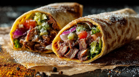 Tortilla wrap with beef and vegetables on a dark background.の素材