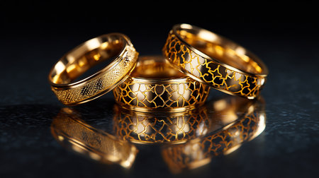 Gold wedding rings on a black background. Close-up shot.の素材