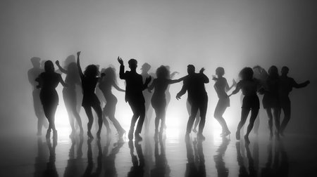 Silhouette of a group of dancing people on a dark backgroundの素材